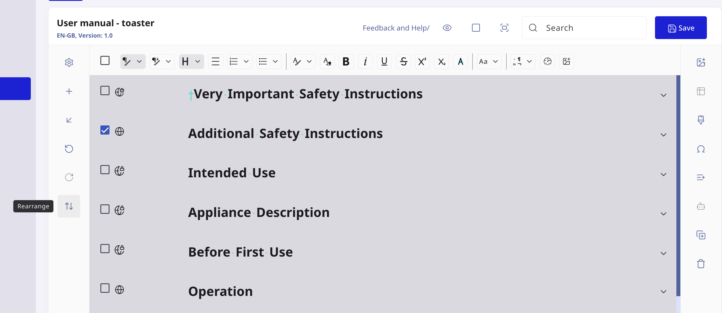 Rearrange button in editor panel