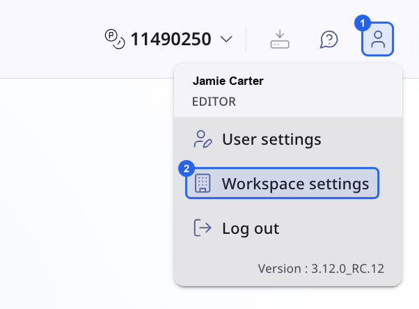 User Account menu with Workspace settings highlighted