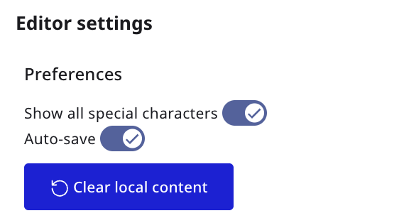 Editor settings with the Clear local content button