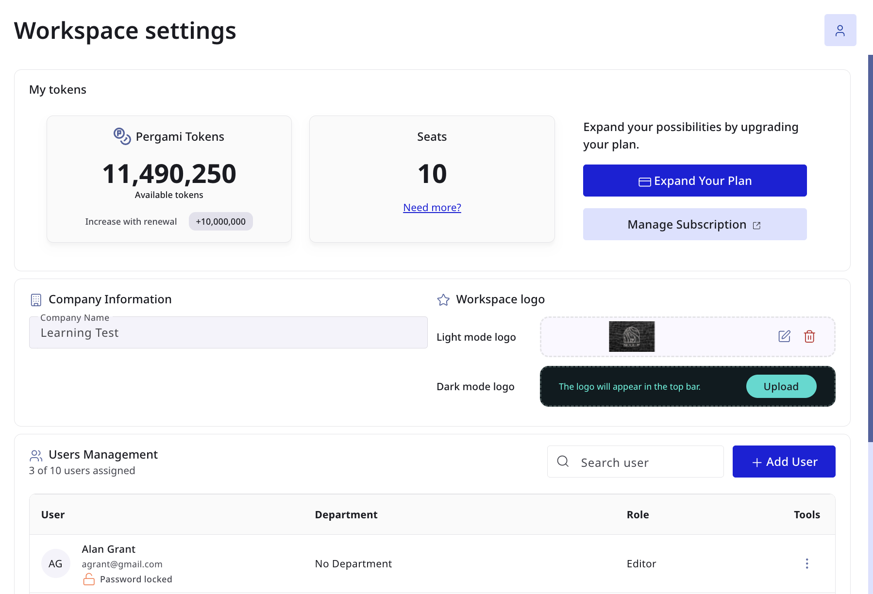 Workspace settings page with tokens, company information, workspace logo, and user management