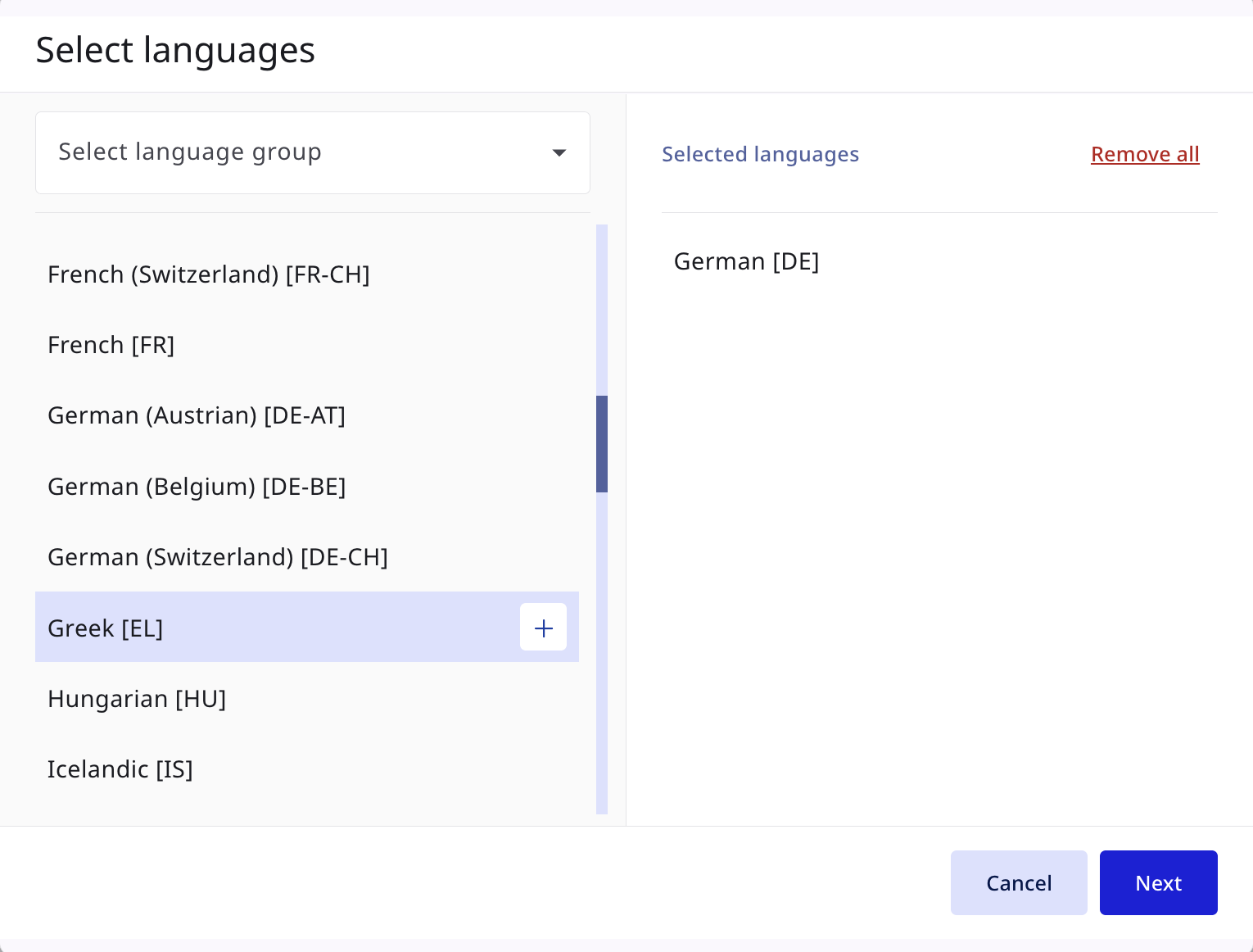 German selected in Select languages