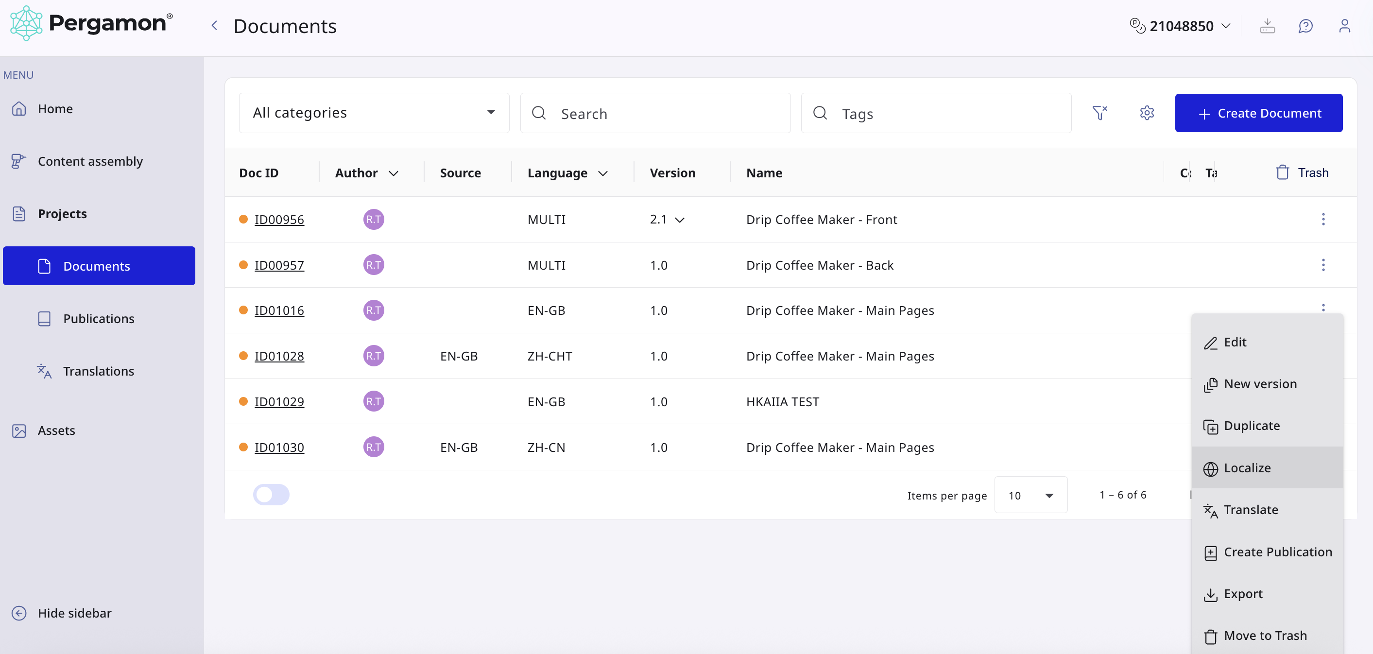 Source document menu with Localize selected