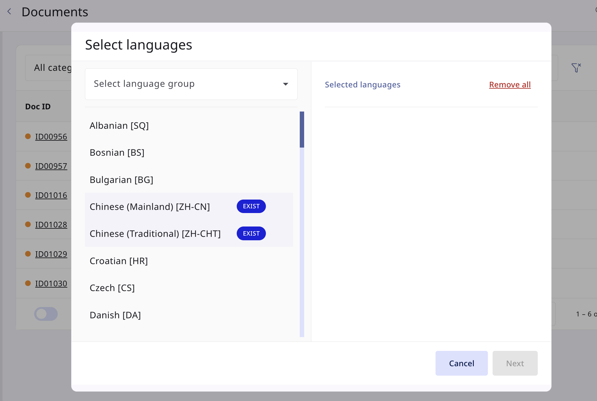 Select languages dialog with EXIST badges on existing target languages