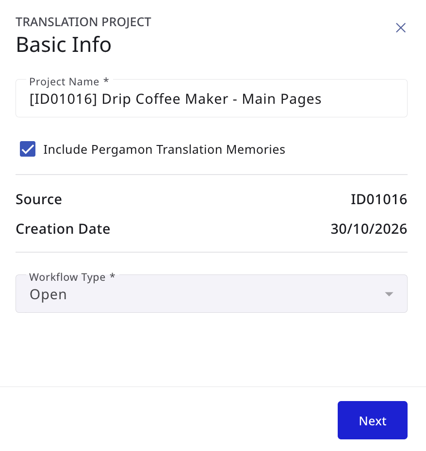 Basic Info screen with project name, translation memories, and workflow type