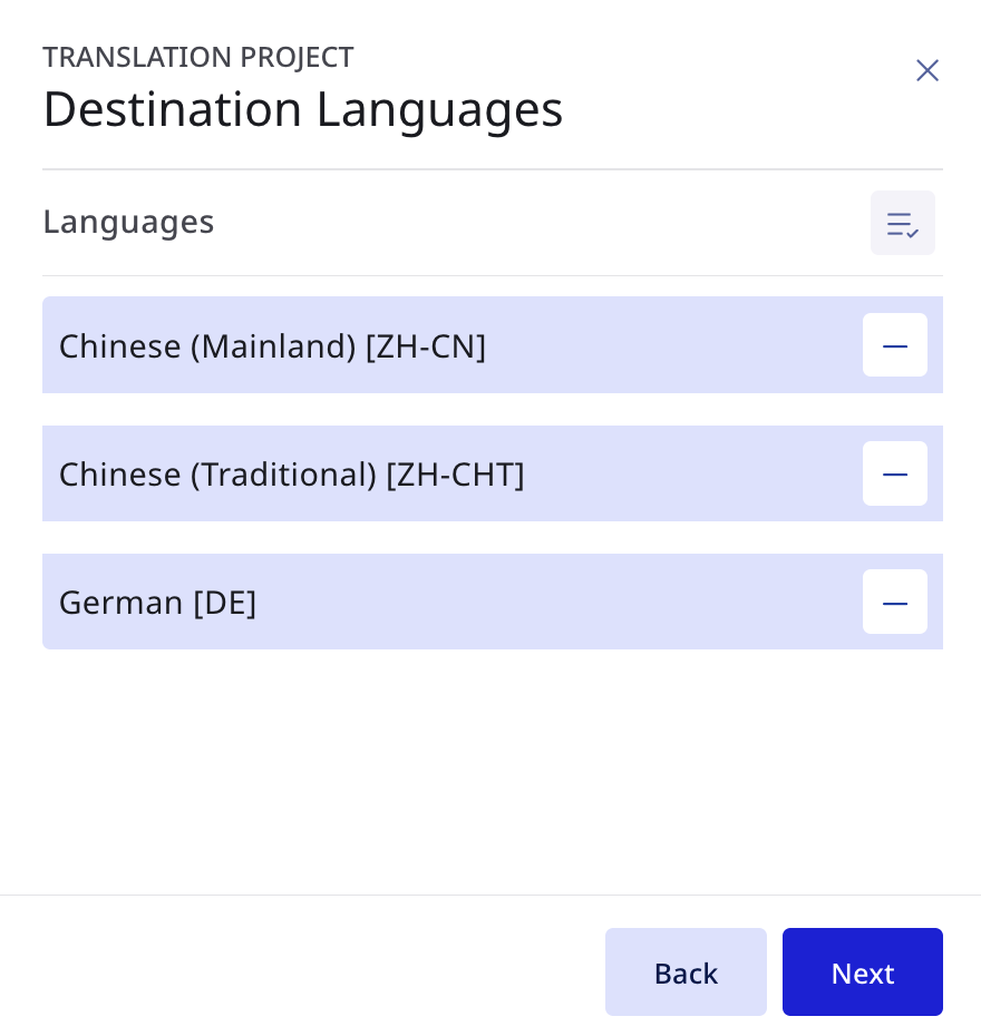 Destination Languages screen listing selected target languages