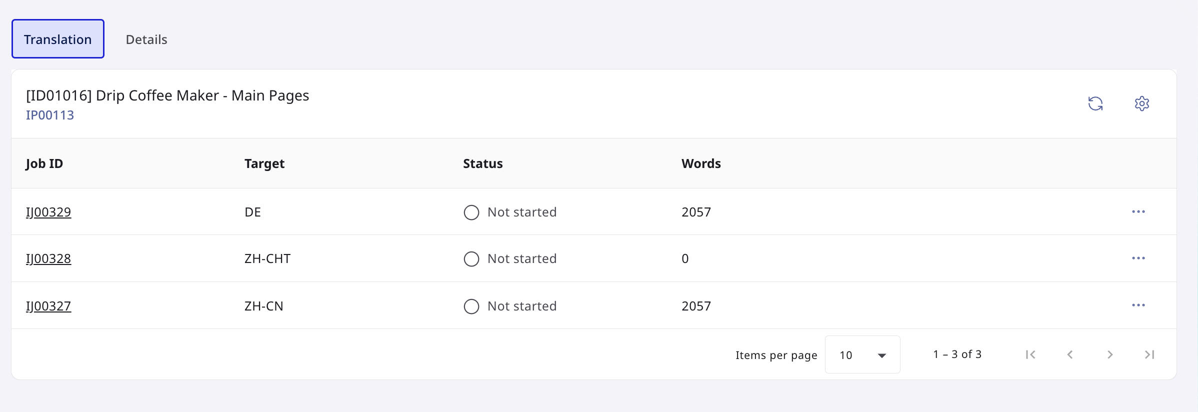Translation tab listing jobs with Not started status