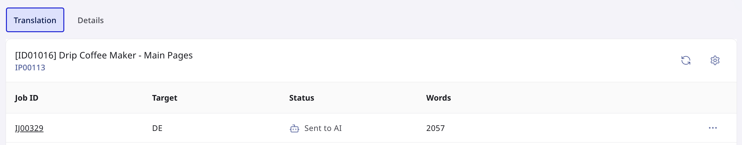 Translation job with Sent to AI status