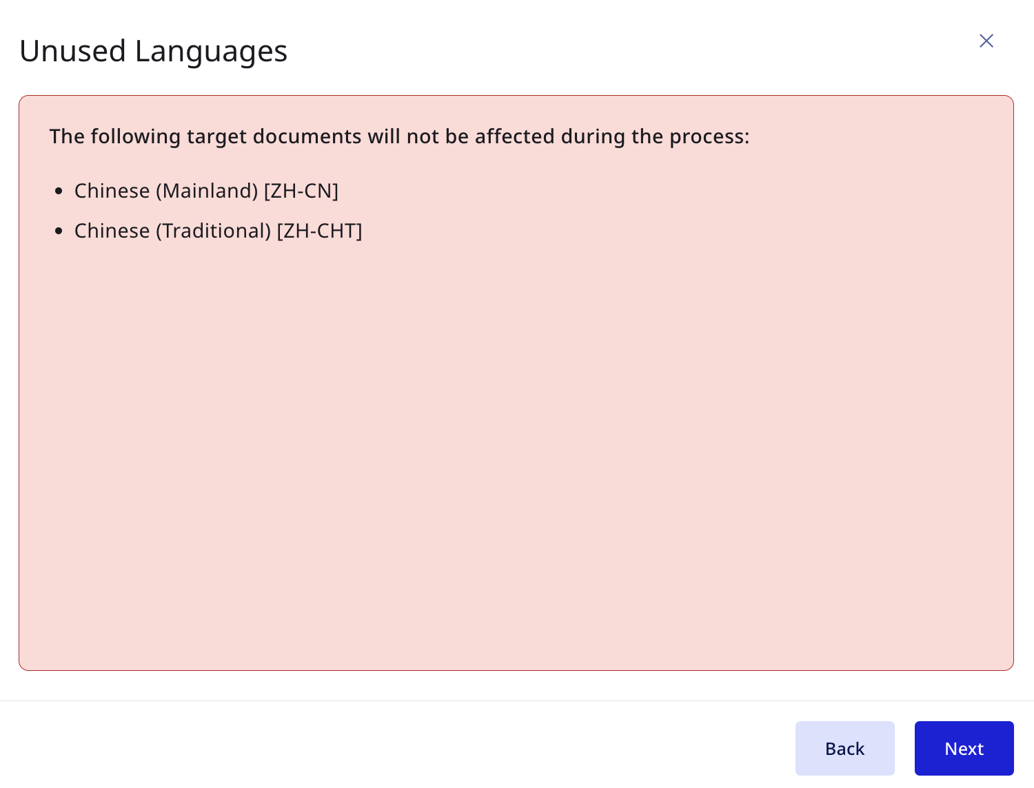 Unused Languages screen listing unaffected target documents