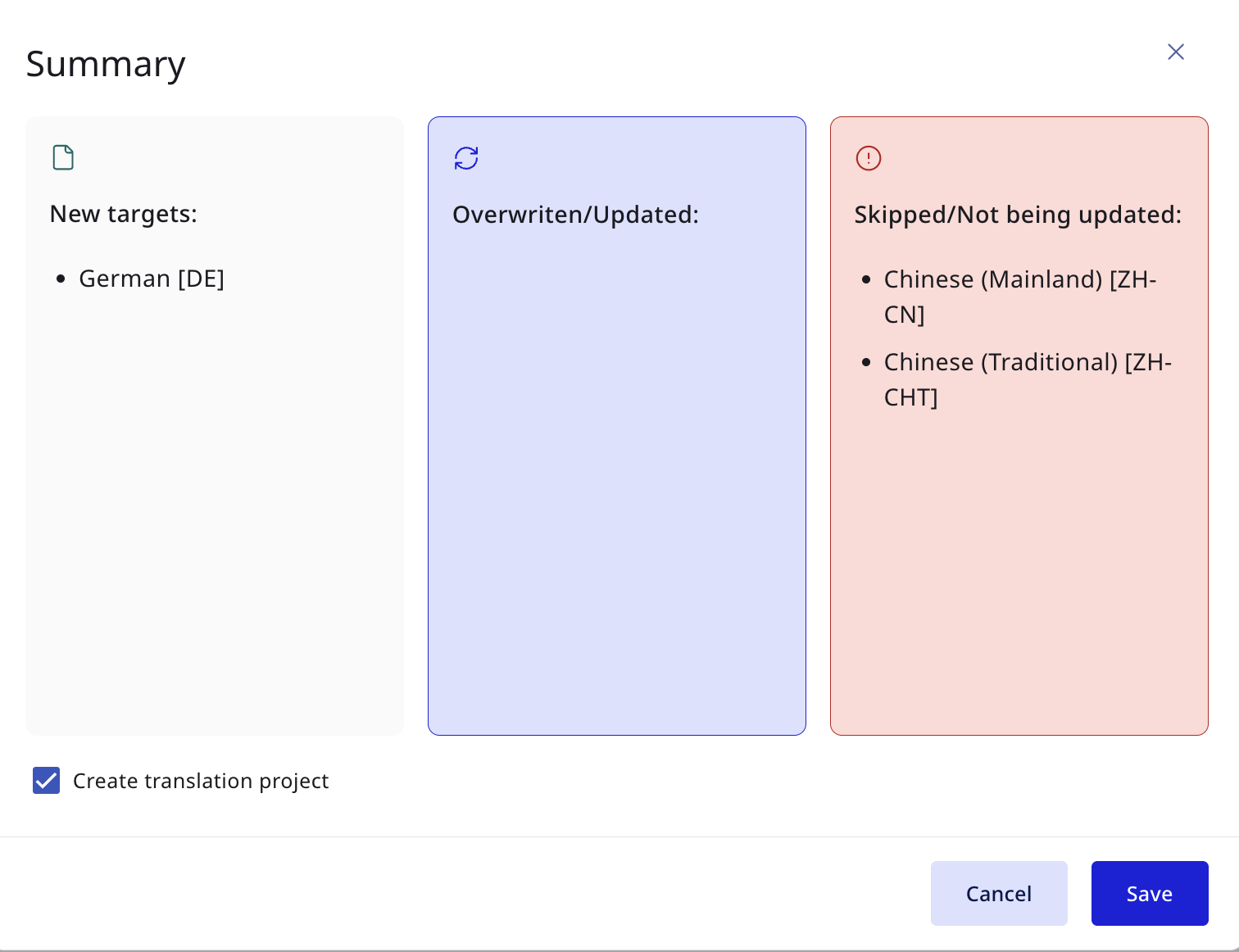 Translation project summary grouping new, updated, and skipped targets