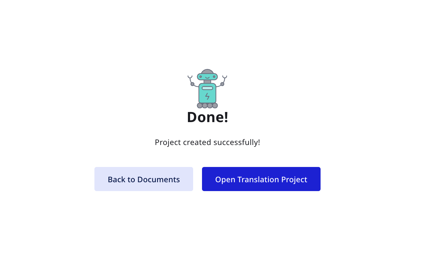 Project created confirmation with Open Translation Project button