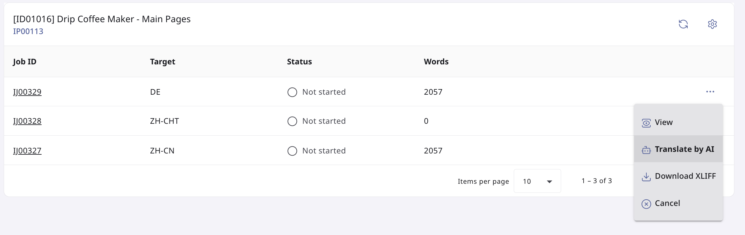Job menu with Translate by AI highlighted